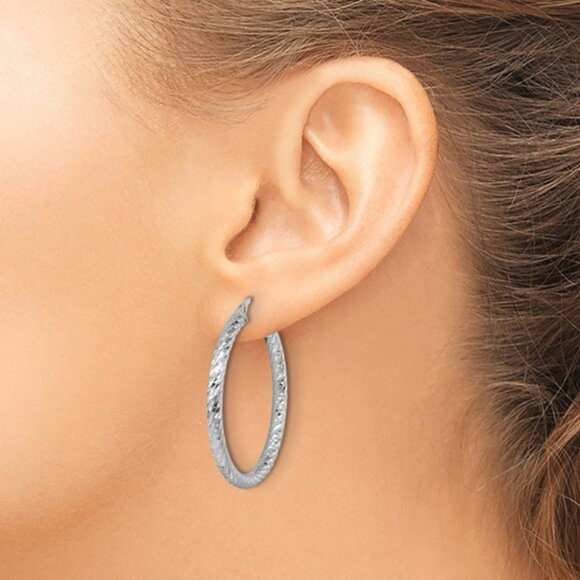 Herco 14k White gold diamond-cut and twisted 3.0 round hoop Earrings, RH Plated - Picture 4 of 5